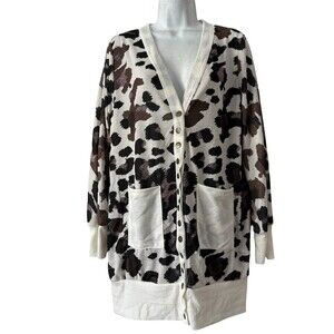 Lily by Firmiana Cardigan Sweater XL Ivory Leopard V-Neck Chic Edgy Versatile